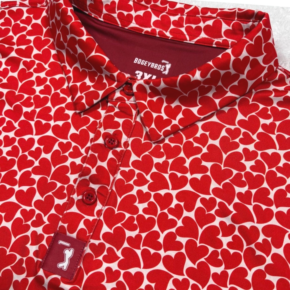Bogey Bros Golf Polo Men 3XL Red White Hearts Performance Stretch Short Sleeve